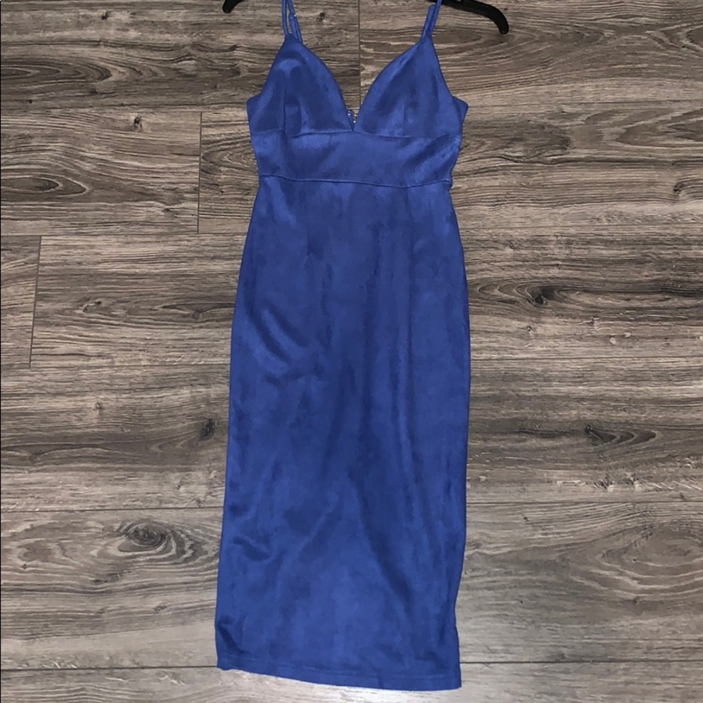 blue suede midi dress